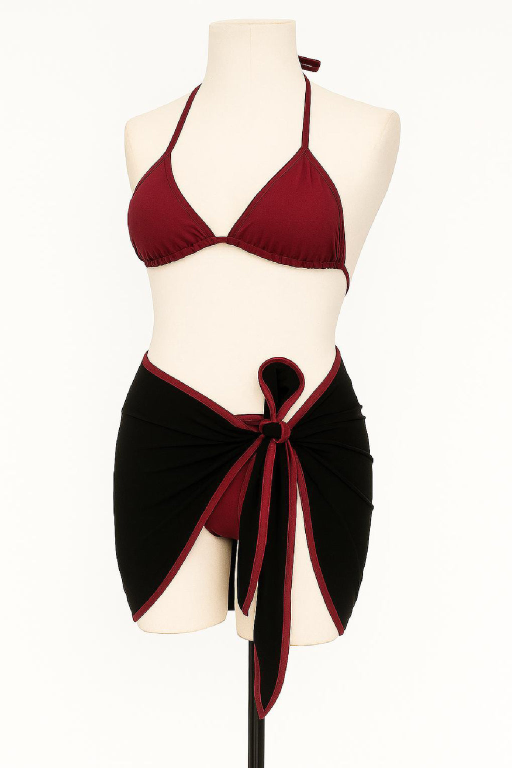 Kadın Bordo Siyah Pareolu Yandan ve Boyundan Bağlamalı 3'lü Bikini Takımı