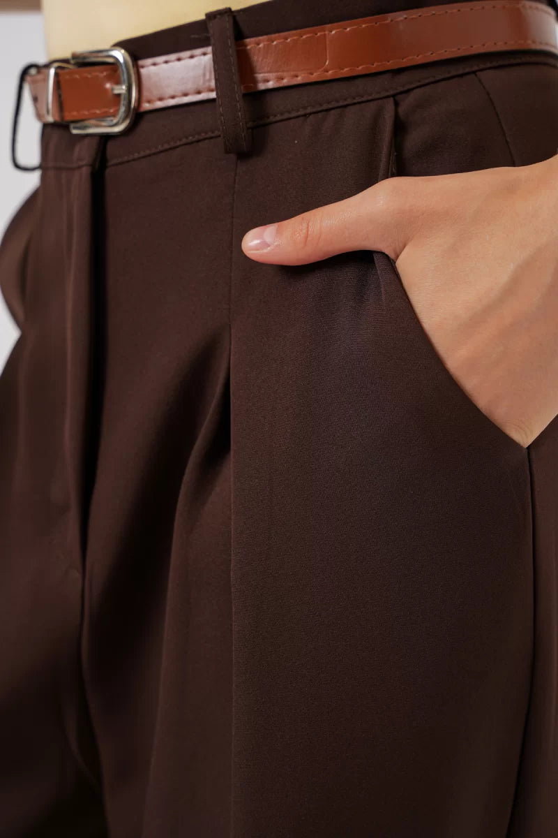Kadın Yüksek Bel Kemerli Palazzo Bol Paça Kahverengi Pantolon