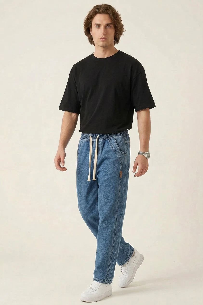 Erkek Rahat Kesim Baggy Denim İndigo Pantolon