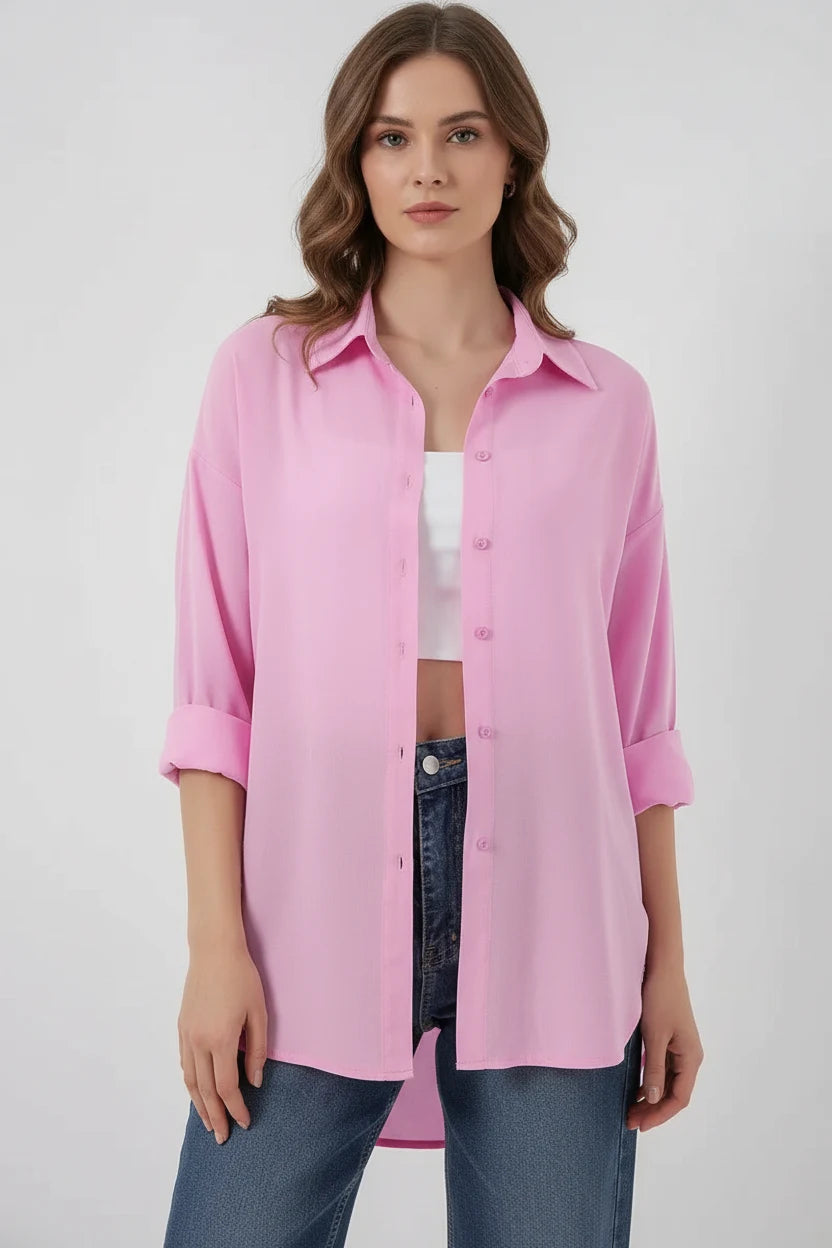Kadın Oversize Viskon Pembe Gömlek