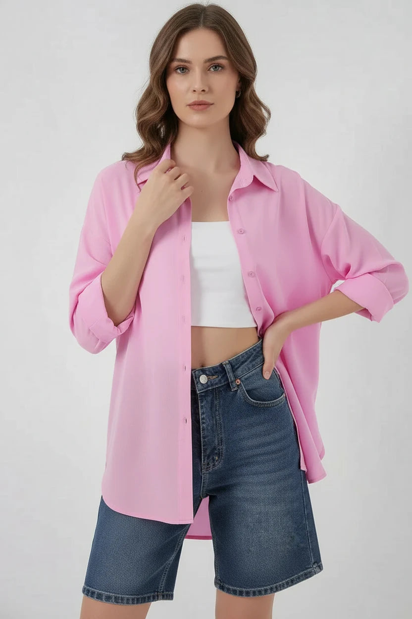 Kadın Oversize Viskon Pembe Gömlek