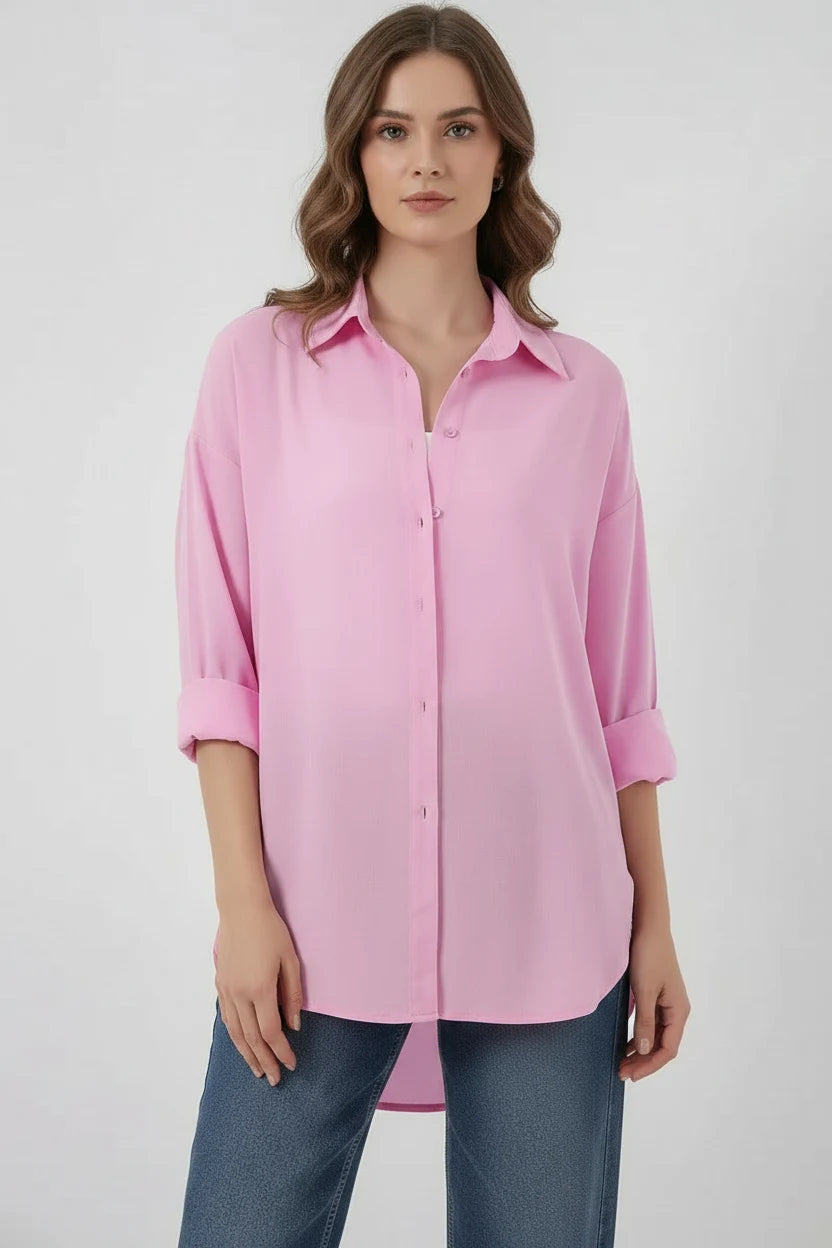 Kadın Oversize Viskon Pembe Gömlek