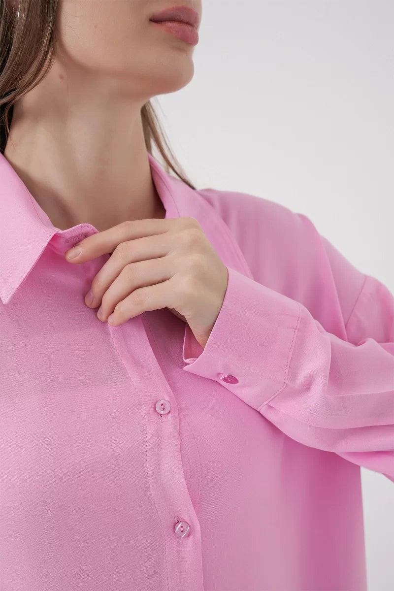 Kadın Oversize Viskon Pembe Gömlek