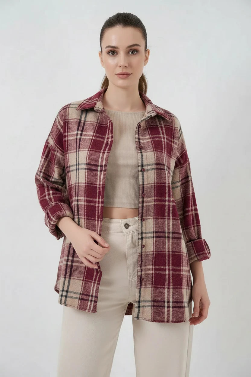 Kadın Oversize Ekose Desenli Pamuklu Bordo Gömlek