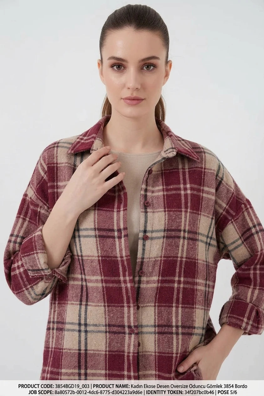 Kadın Oversize Ekose Desenli Pamuklu Bordo Gömlek