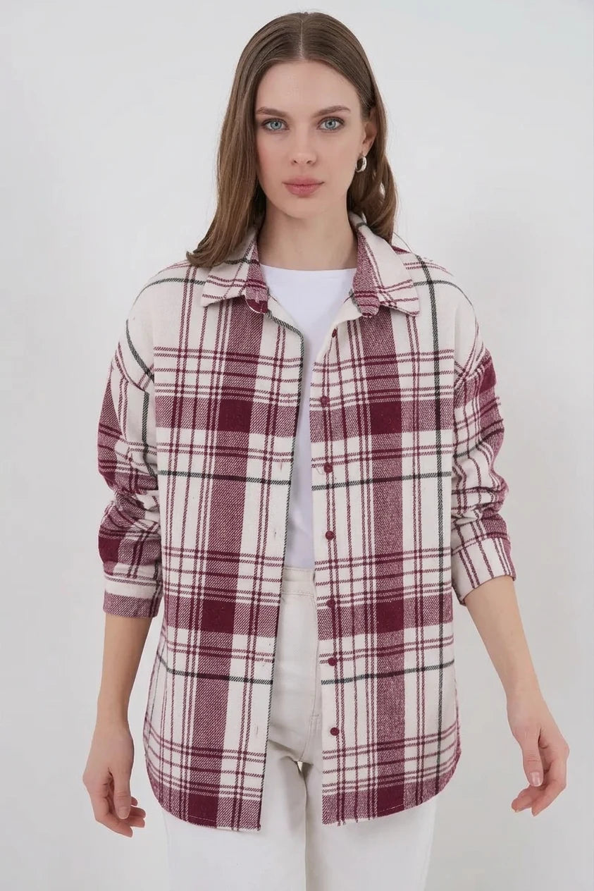 Kadın Oversize Ekose Desen Pamuklu Koyu Pembe Gömlek