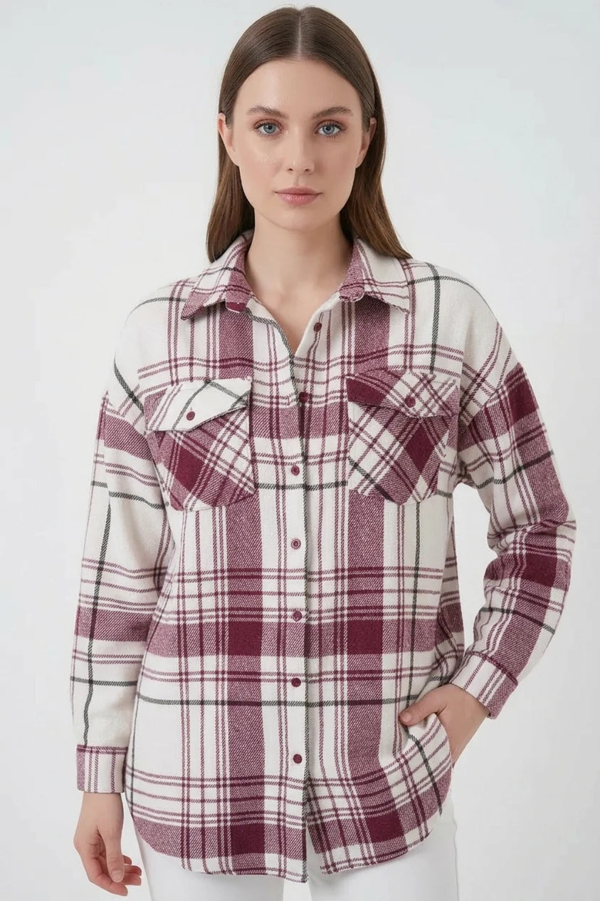 Kadın Oversize Ekose Desen Pamuklu Koyu Pembe Gömlek