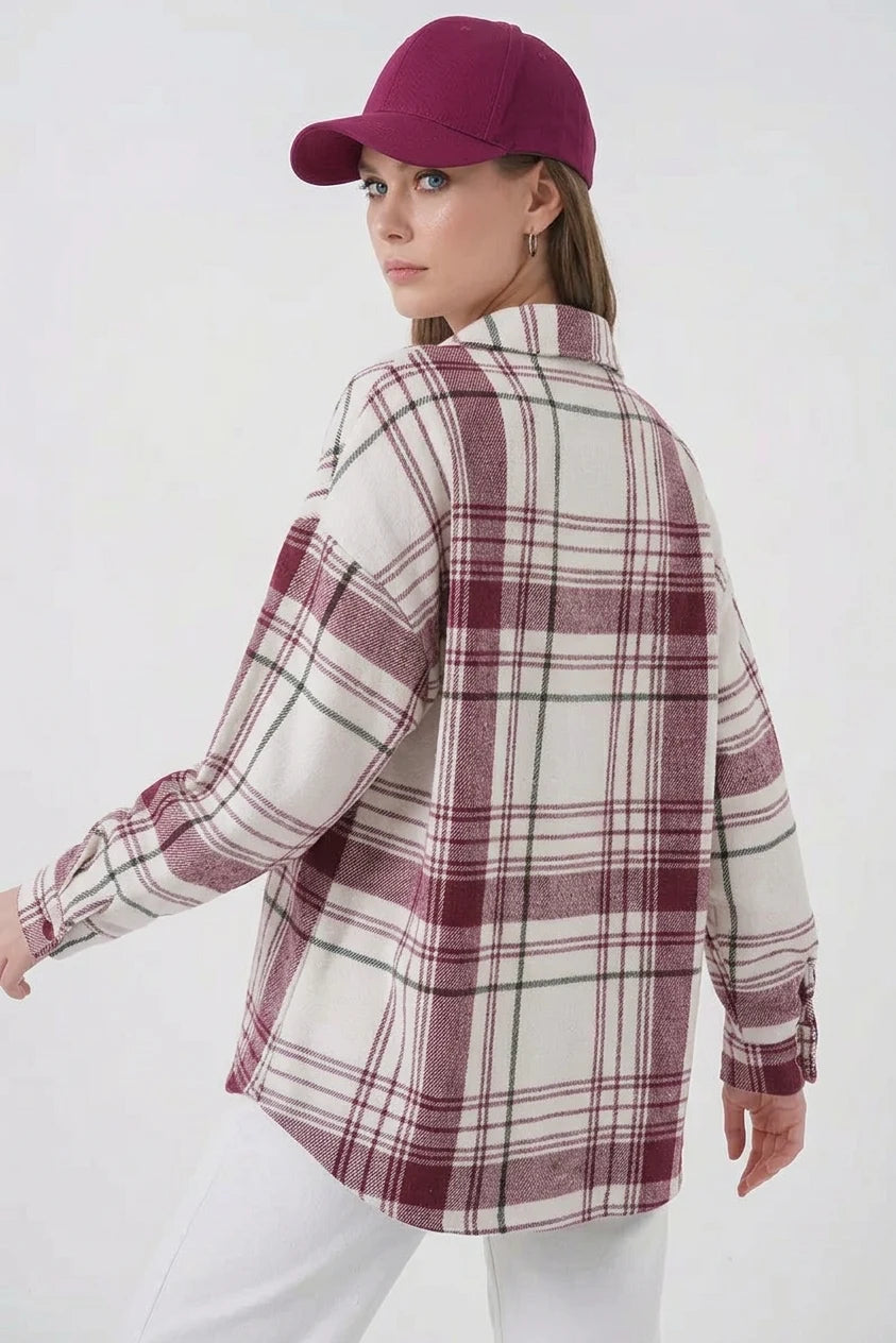 Kadın Oversize Ekose Desen Pamuklu Koyu Pembe Gömlek