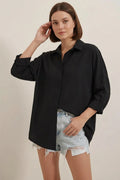 Kadın Oversize Basic Pamuklu Siyah Gömlek