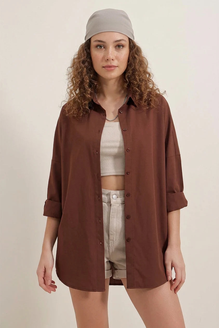 Kadın Oversize Kesim Basic Pamuklu Kahverengi Gömlek
