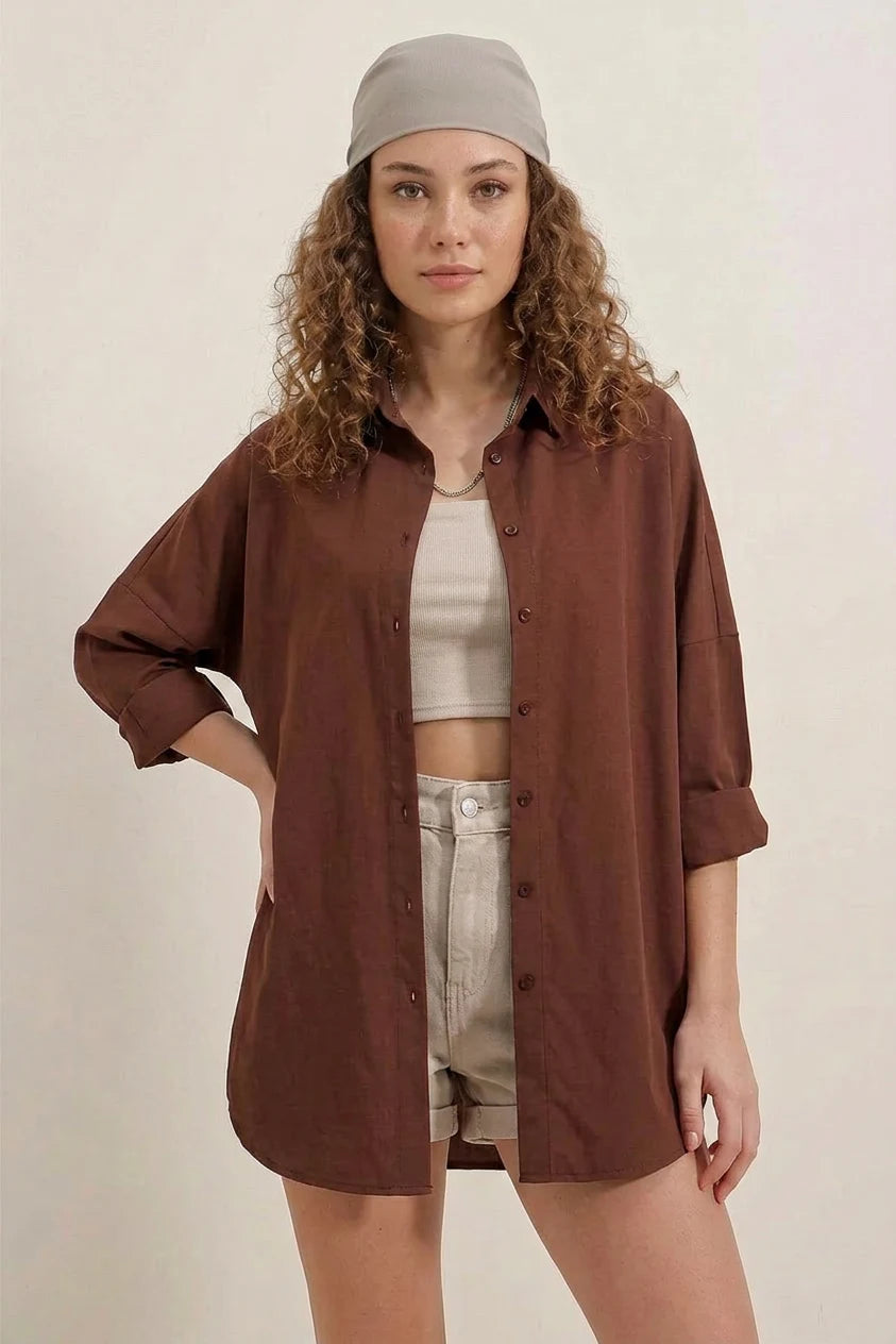 Kadın Oversize Kesim Basic Pamuklu Kahverengi Gömlek