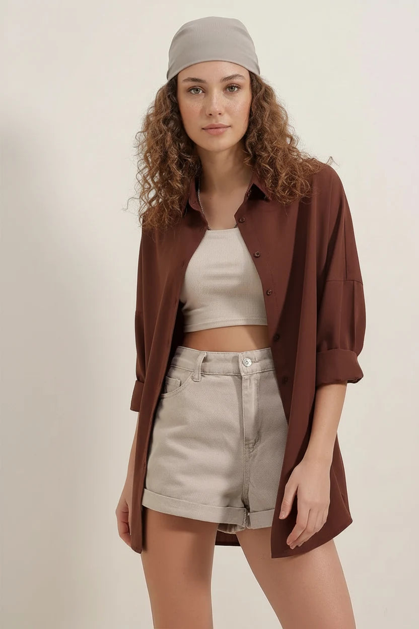 Kadın Oversize Kesim Basic Pamuklu Kahverengi Gömlek