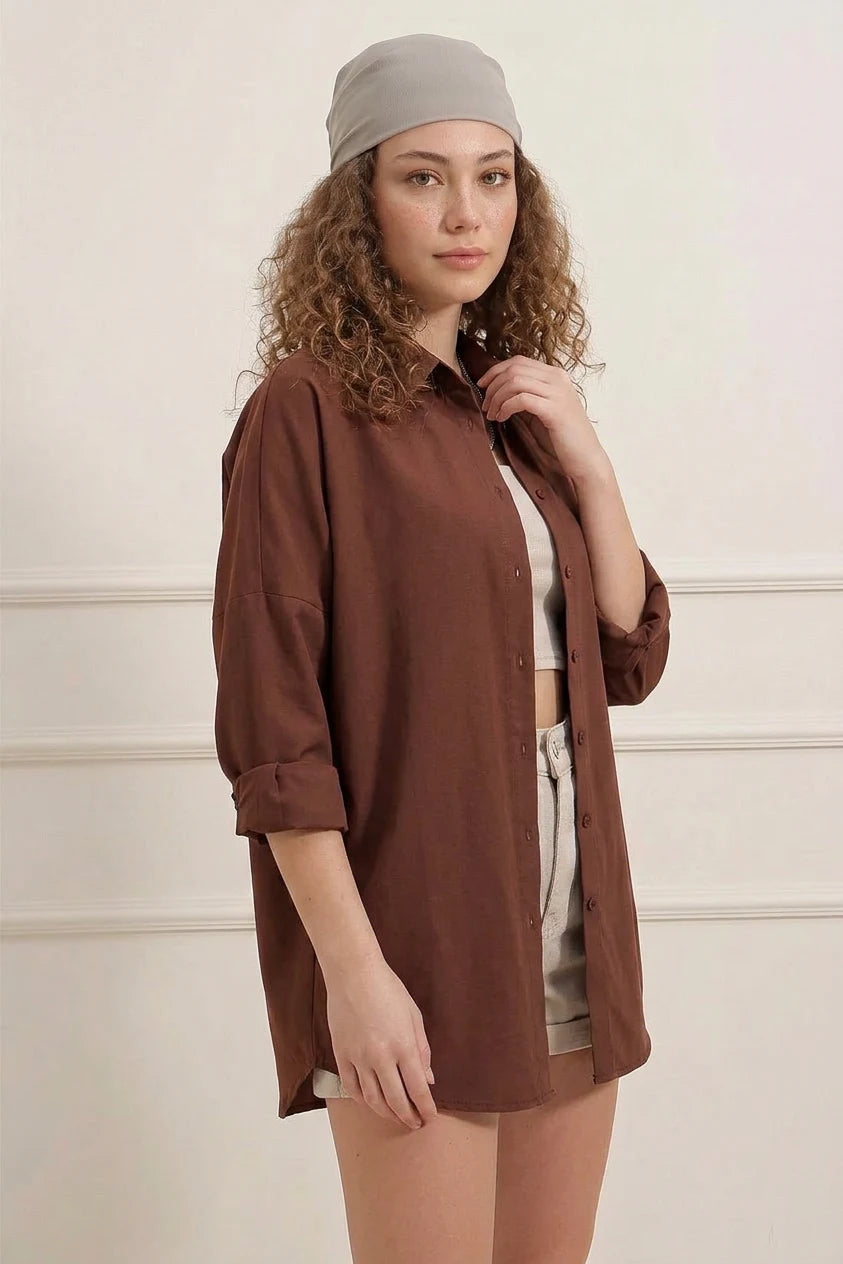 Kadın Oversize Kesim Basic Pamuklu Kahverengi Gömlek