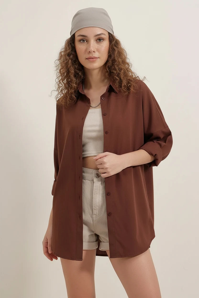 Kadın Oversize Kesim Basic Pamuklu Kahverengi Gömlek