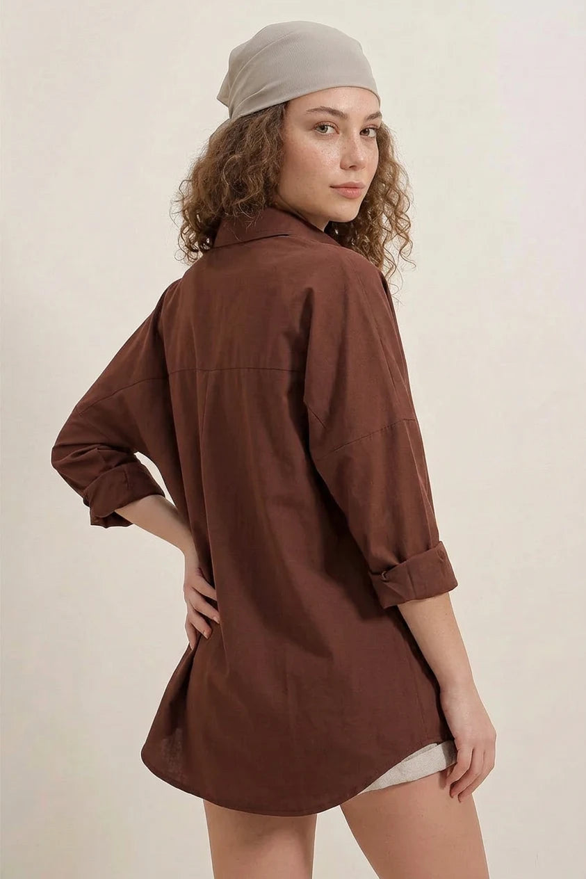 Kadın Oversize Kesim Basic Pamuklu Kahverengi Gömlek