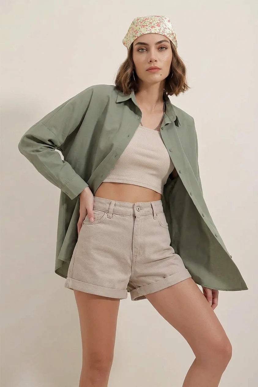 Kadın Oversize Kesim Basic Pamuklu Haki Gömlek