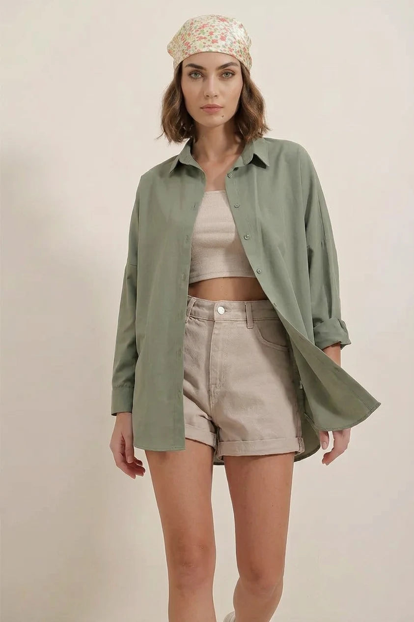 Kadın Oversize Kesim Basic Pamuklu Haki Gömlek
