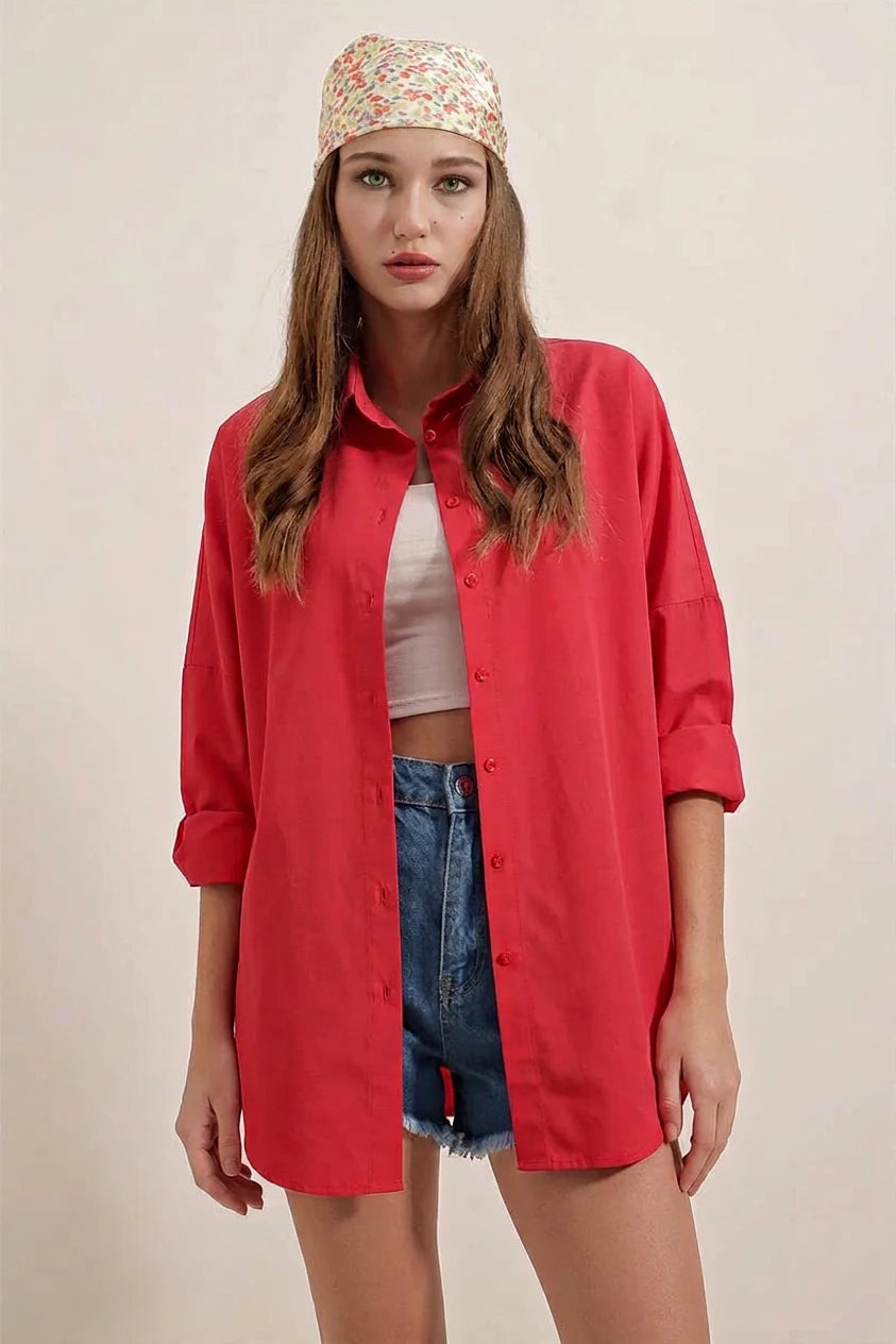 Kadın Oversize Basic Pamuklu Kırmızı Gömlek