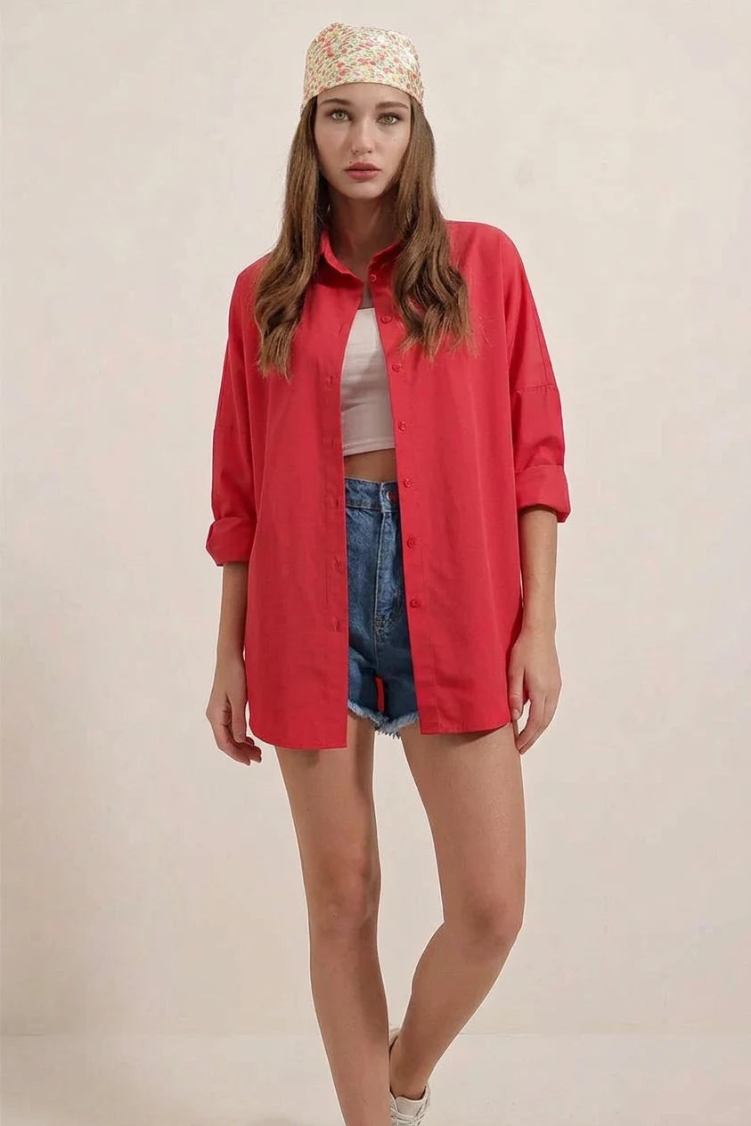 Kadın Oversize Basic Pamuklu Kırmızı Gömlek