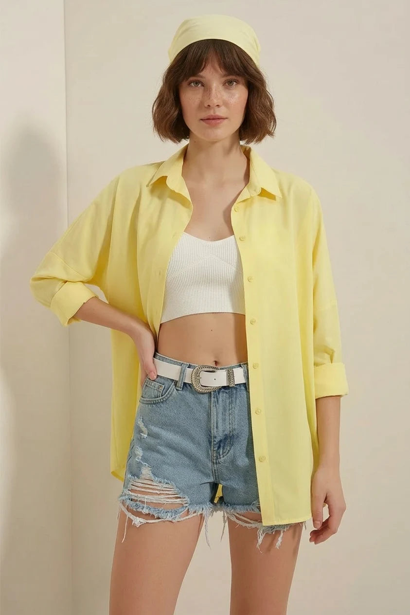 Kadın Oversize Basic Pamuklu Sarı Gömlek