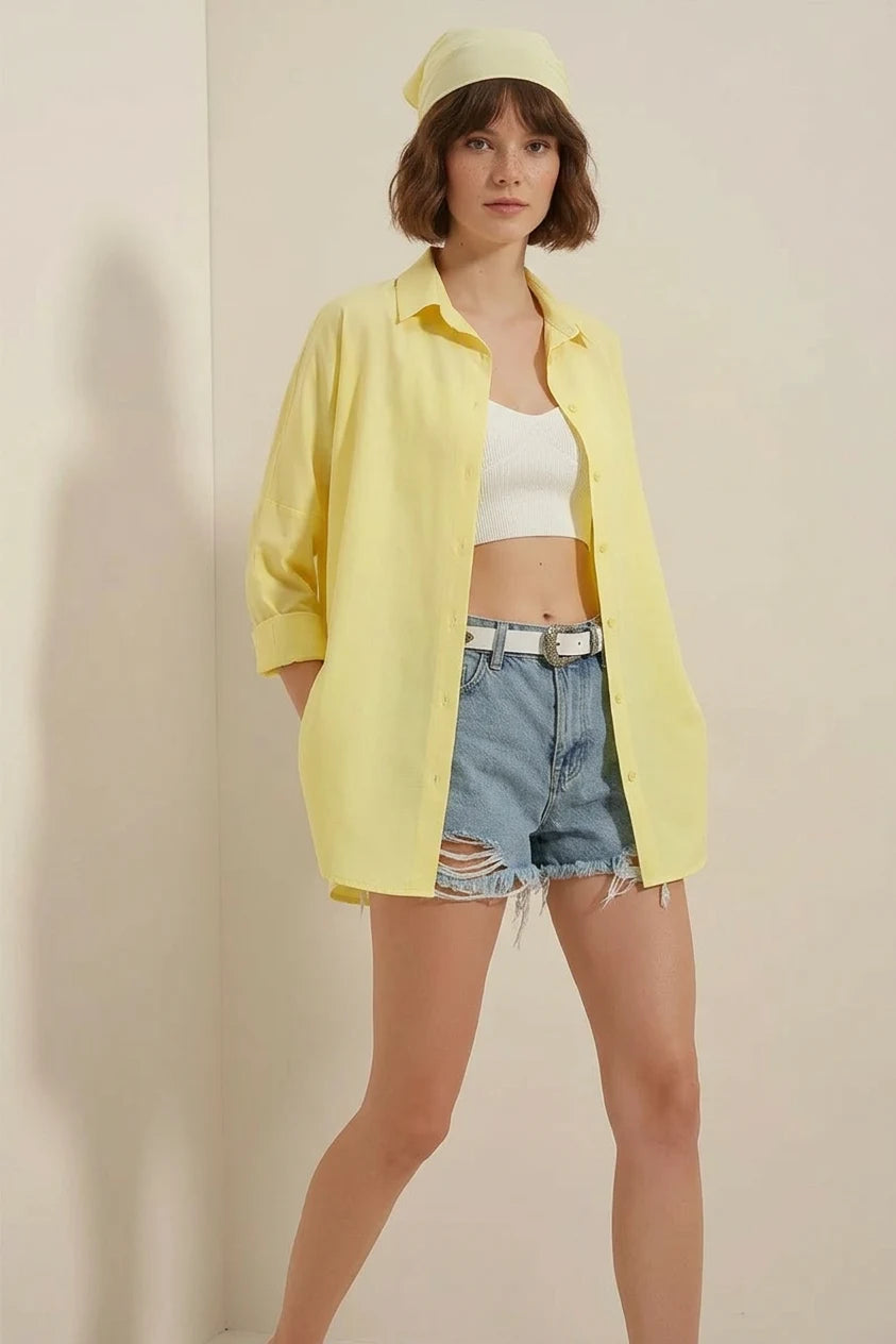 Kadın Oversize Basic Pamuklu Sarı Gömlek