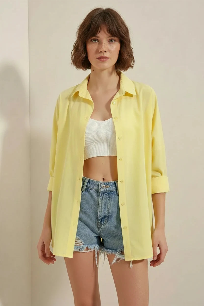 Kadın Oversize Basic Pamuklu Sarı Gömlek