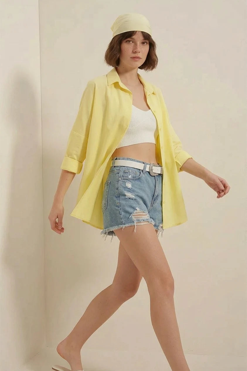 Kadın Oversize Basic Pamuklu Sarı Gömlek