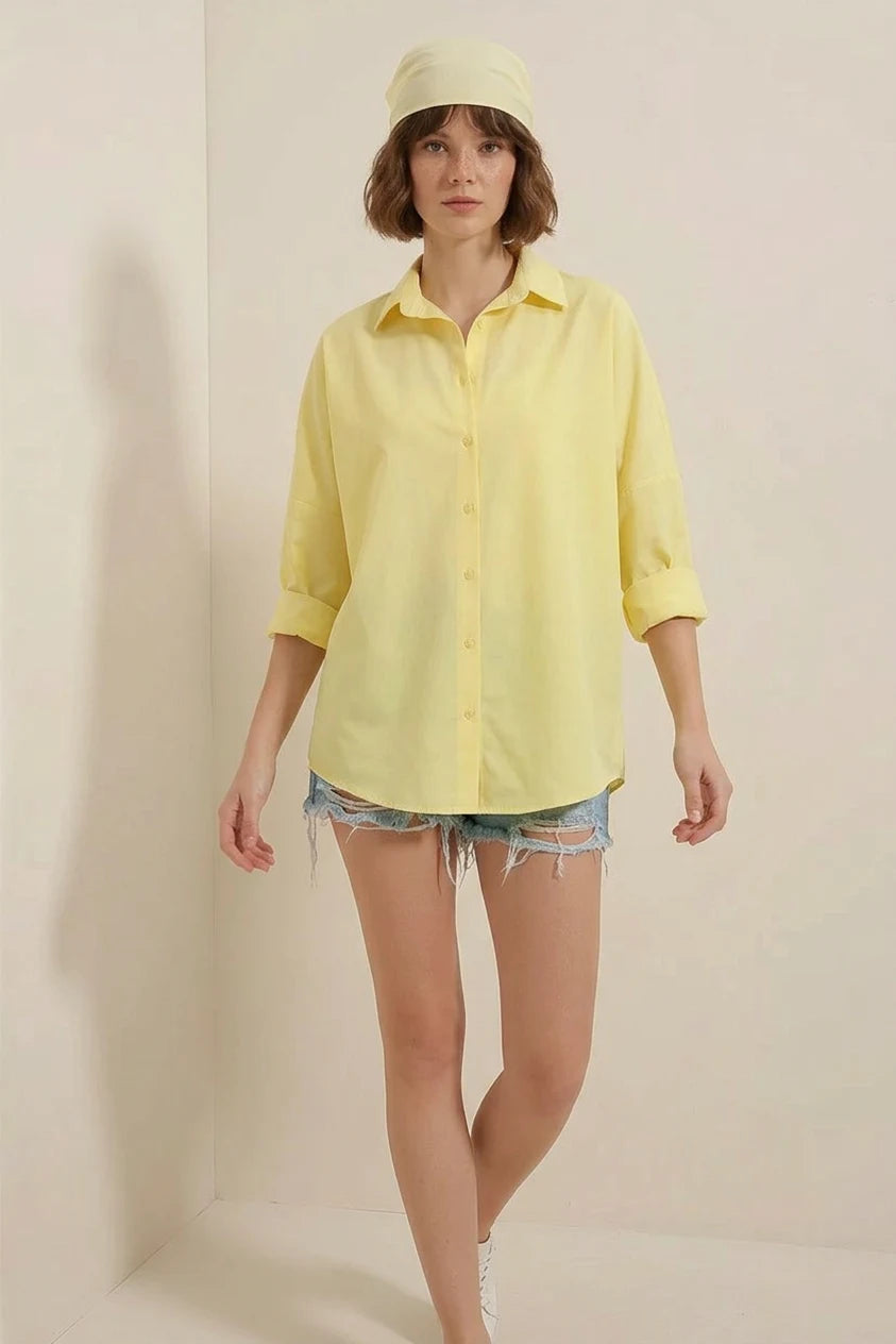 Kadın Oversize Basic Pamuklu Sarı Gömlek