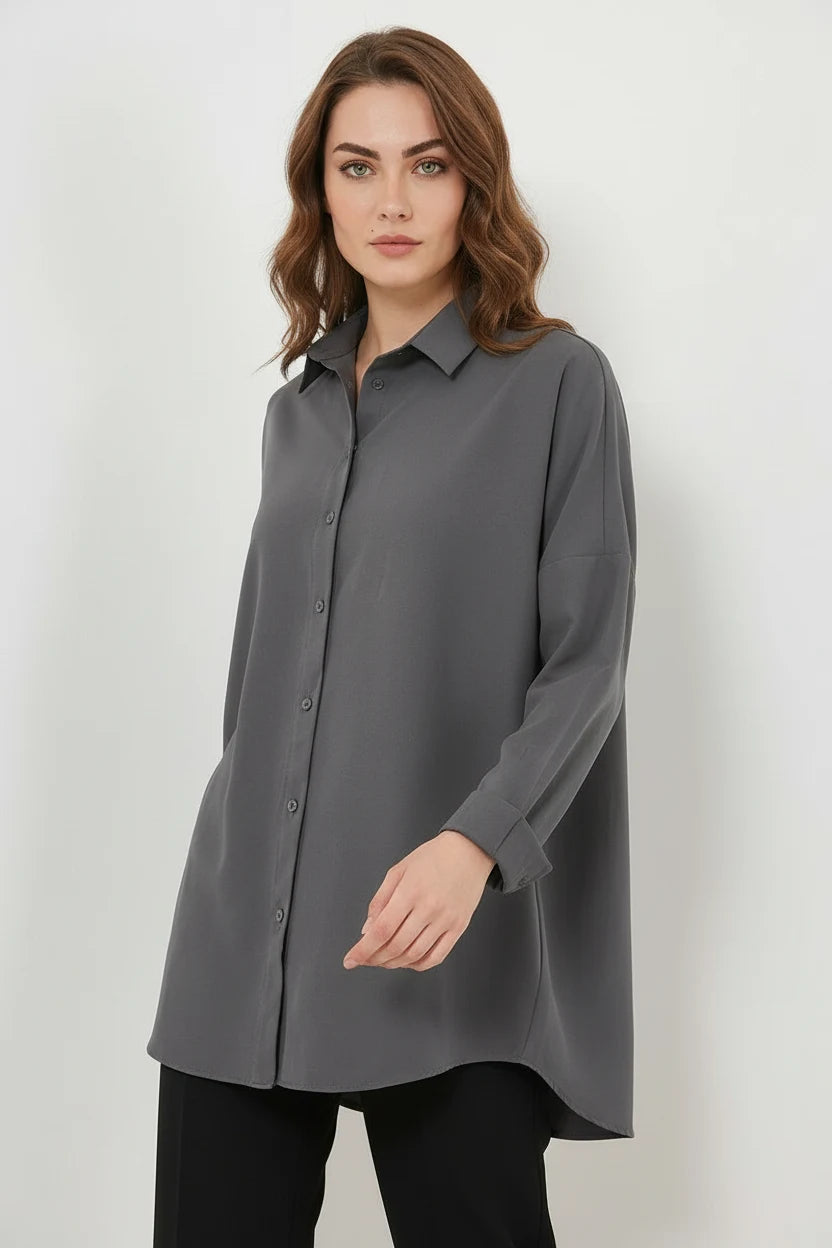 Kadın Oversize Kesim Basic Pamuklu Gri Gömlek