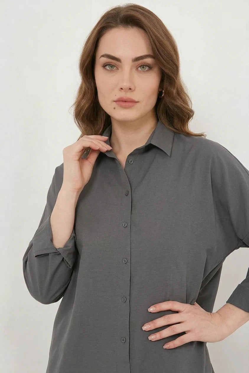 Kadın Oversize Kesim Basic Pamuklu Gri Gömlek