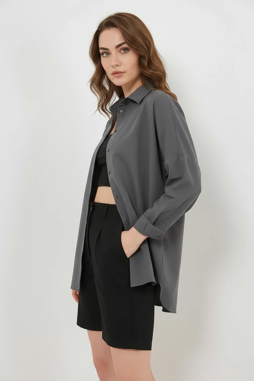 Kadın Oversize Kesim Basic Pamuklu Gri Gömlek