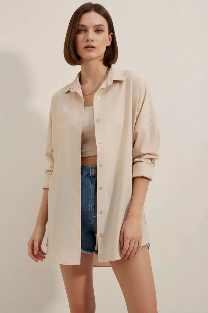 Kadın Oversize Basic Pamuklu Krem Gömlek
