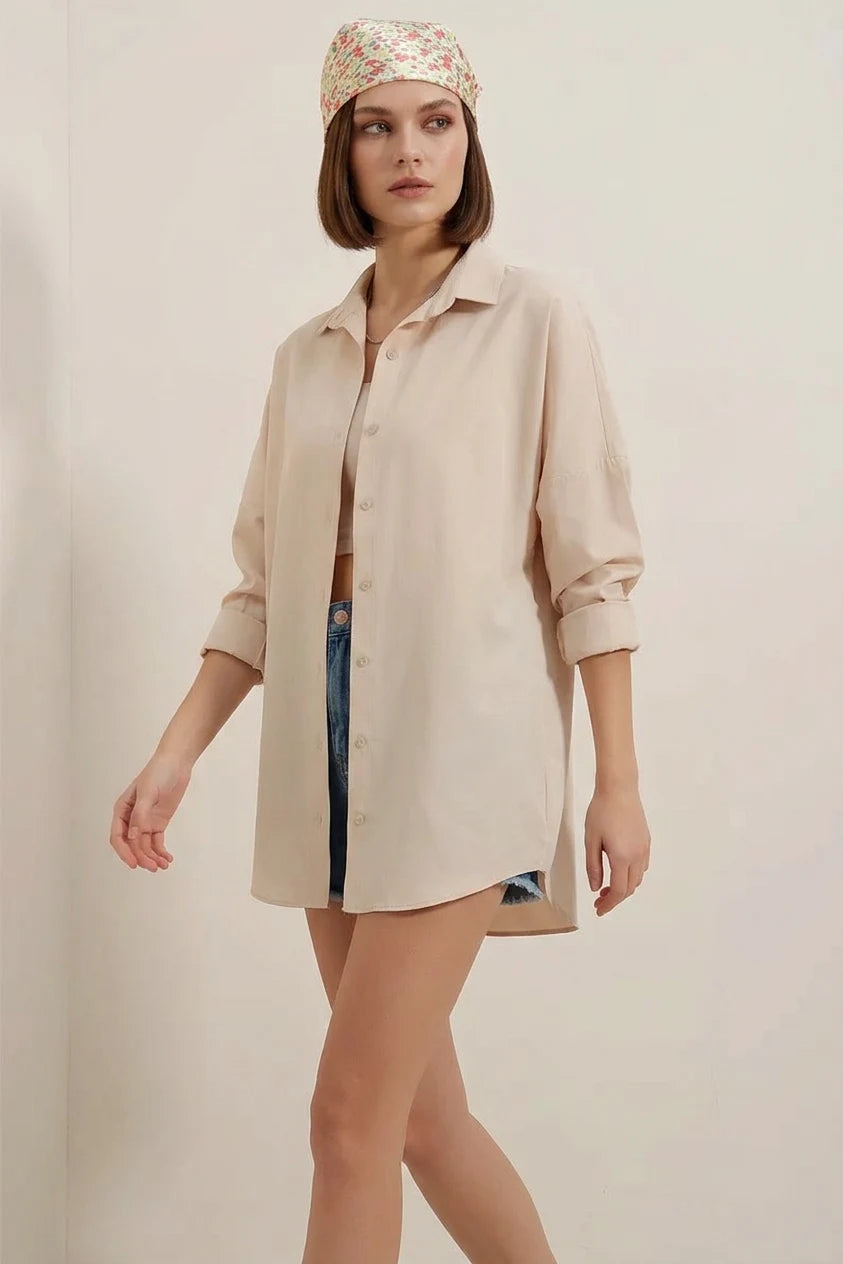 Kadın Oversize Basic Pamuklu Krem Gömlek