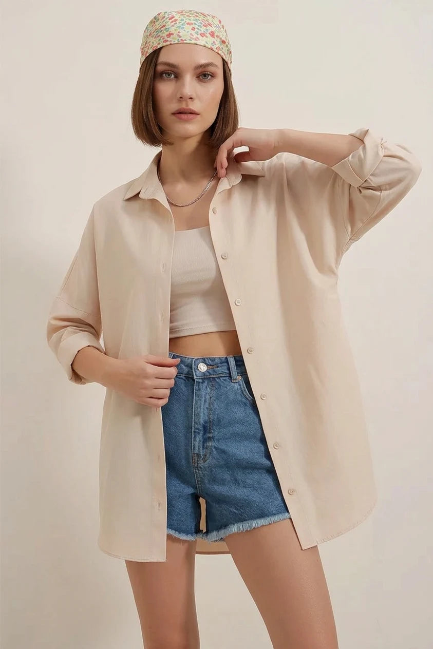 Kadın Oversize Basic Pamuklu Krem Gömlek