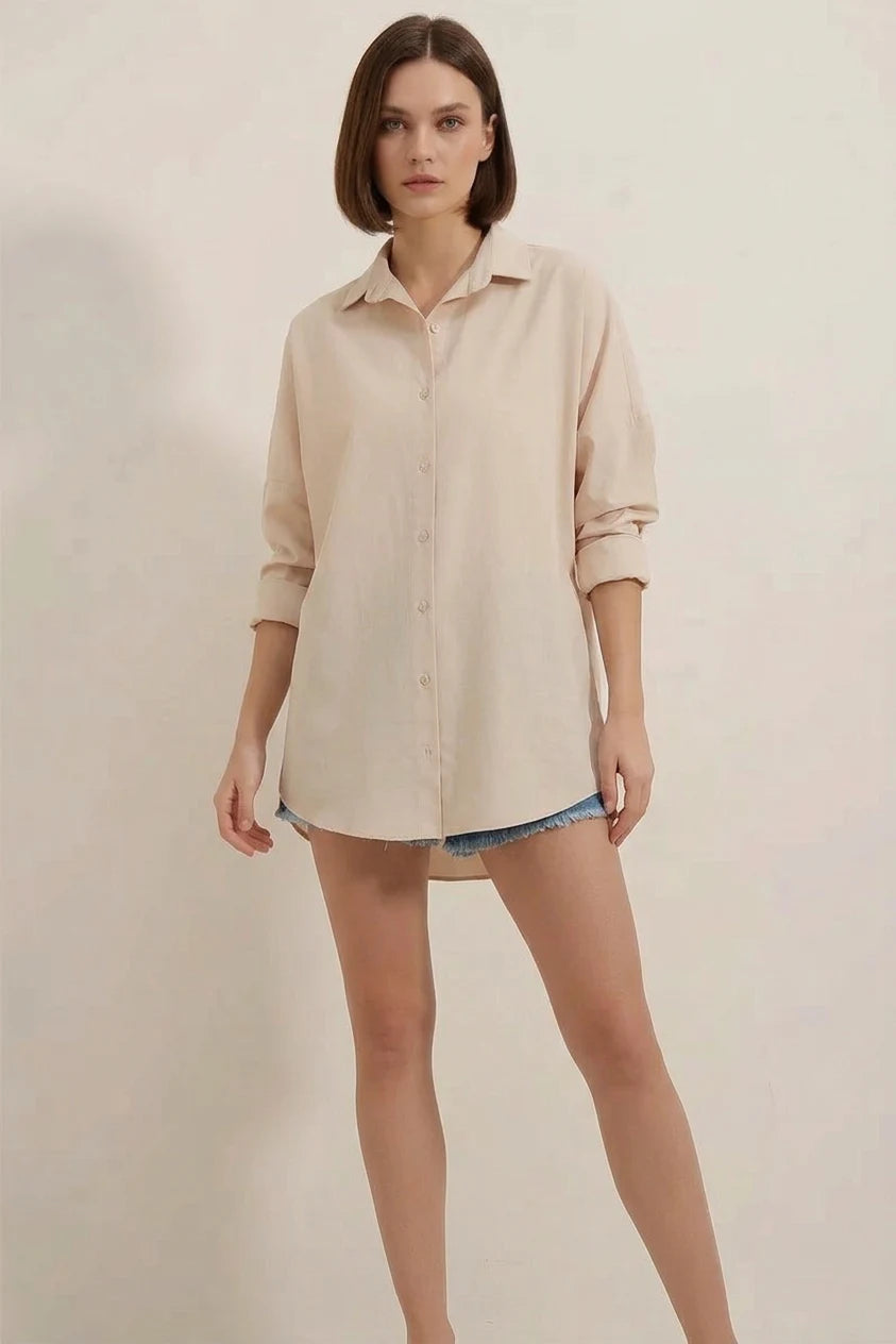 Kadın Oversize Basic Pamuklu Krem Gömlek