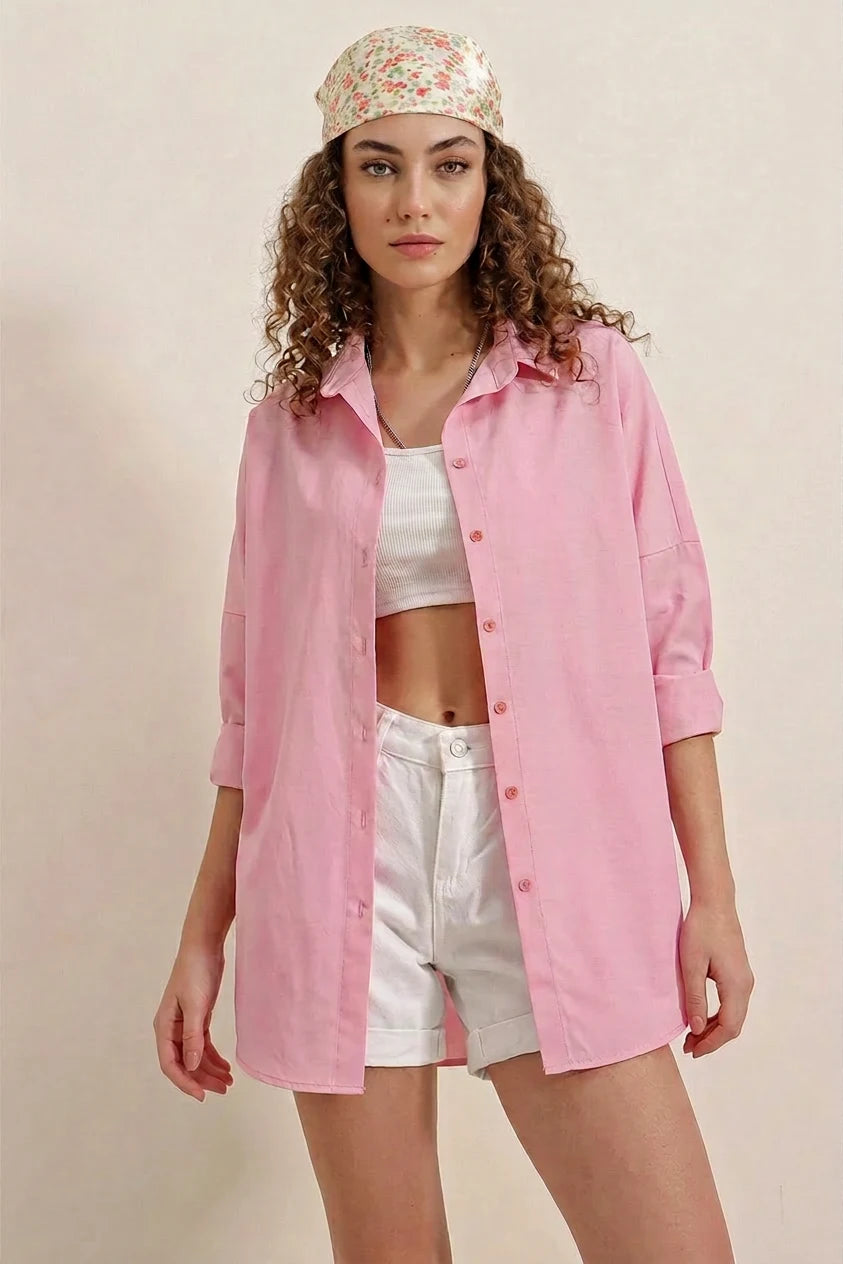 Kadın Oversize Basic Pamuklu Pembe Gömlek