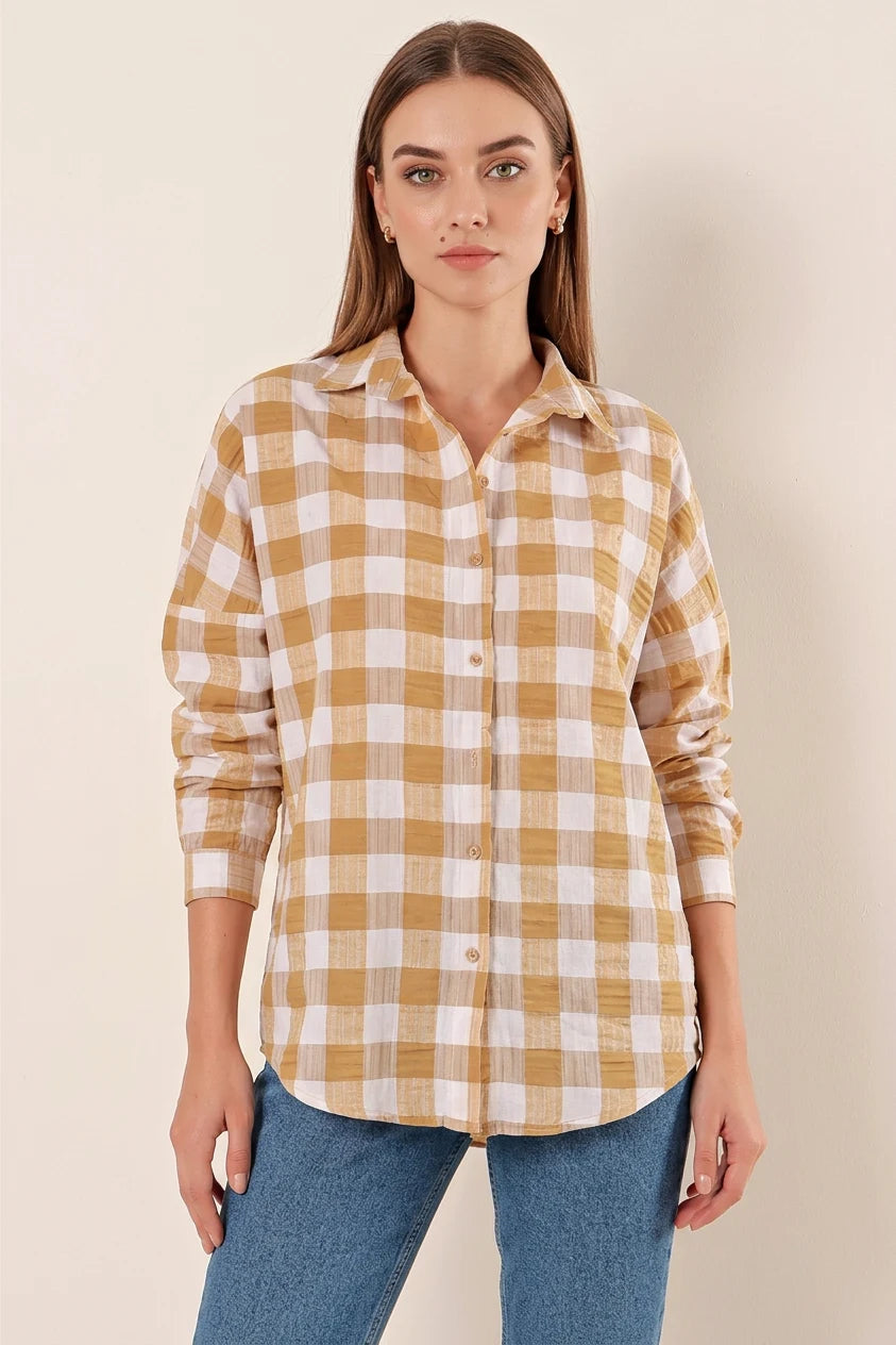Kadın Kareli Desen Basic Oversize Pamuklu Vizon Gömlek