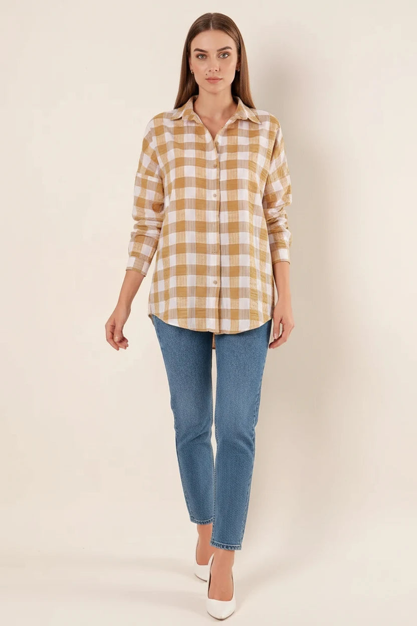 Kadın Kareli Desen Basic Oversize Pamuklu Vizon Gömlek