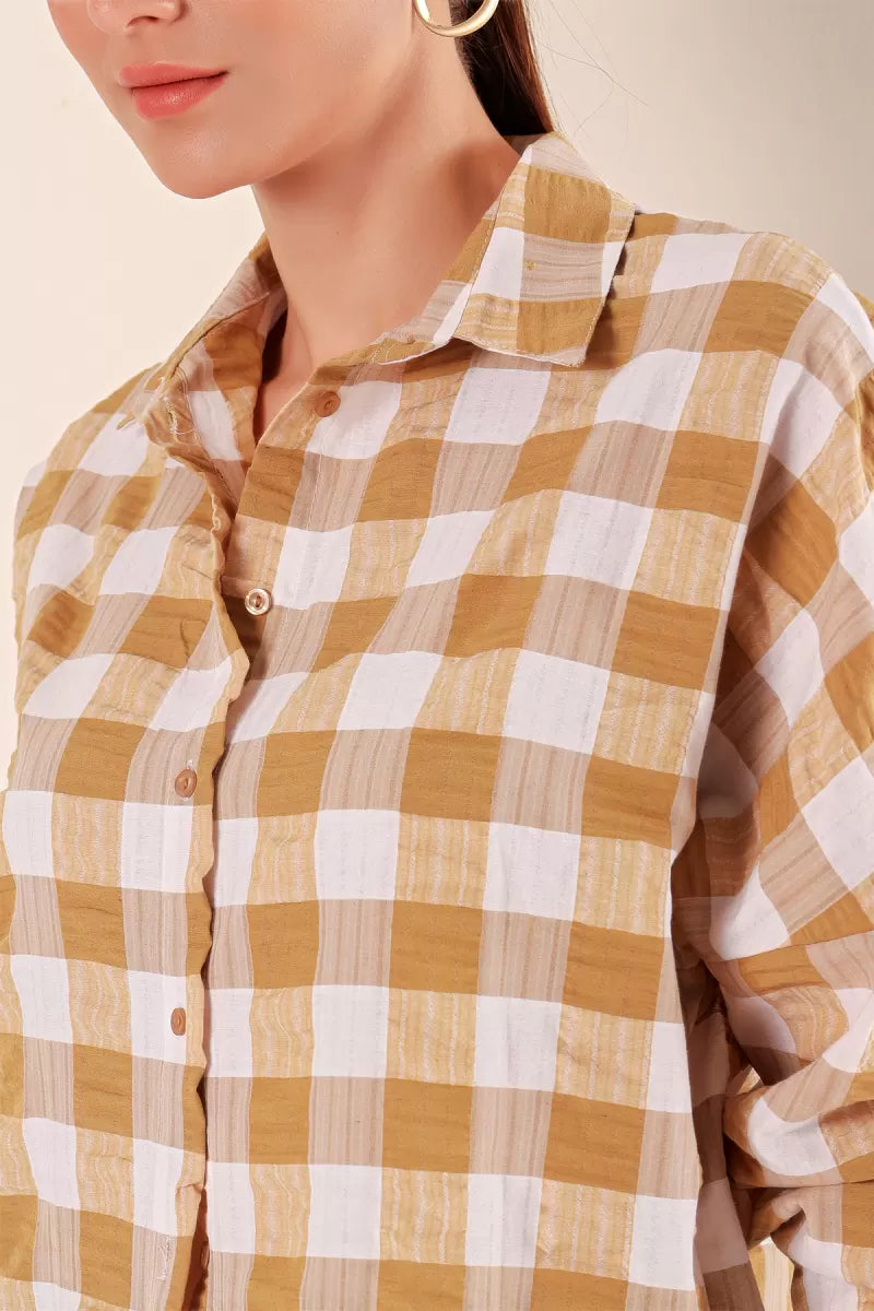 Kadın Kareli Desen Basic Oversize Pamuklu Vizon Gömlek