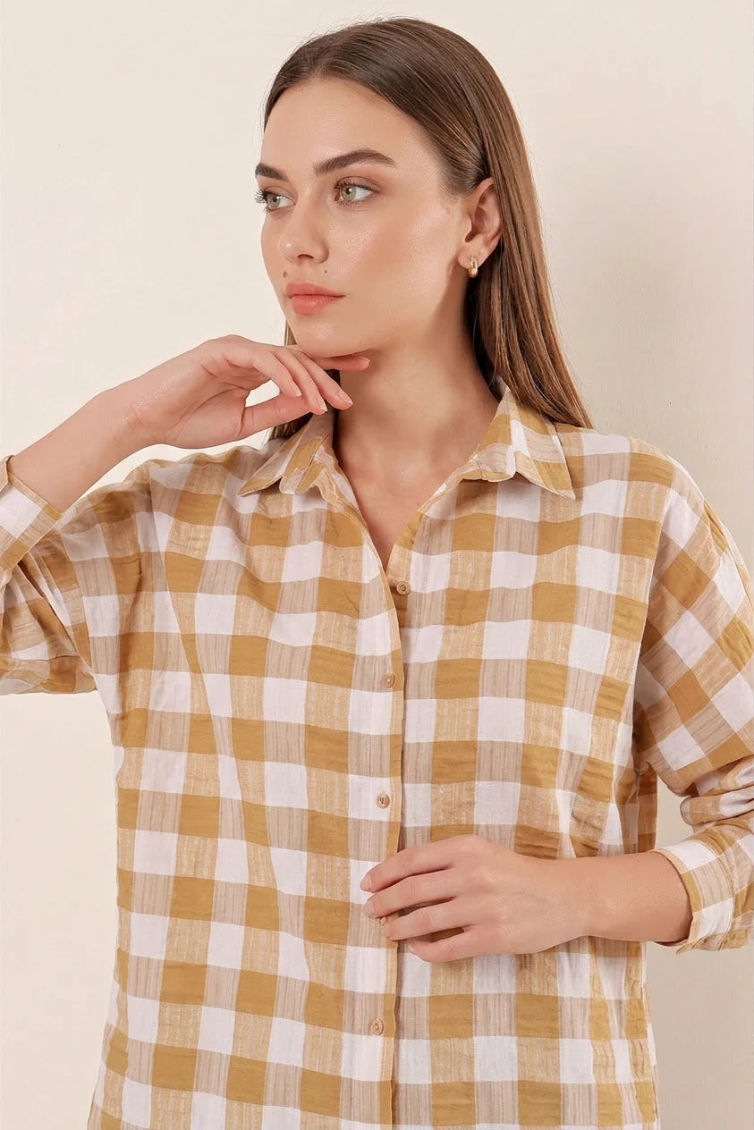 Kadın Kareli Desen Basic Oversize Pamuklu Vizon Gömlek