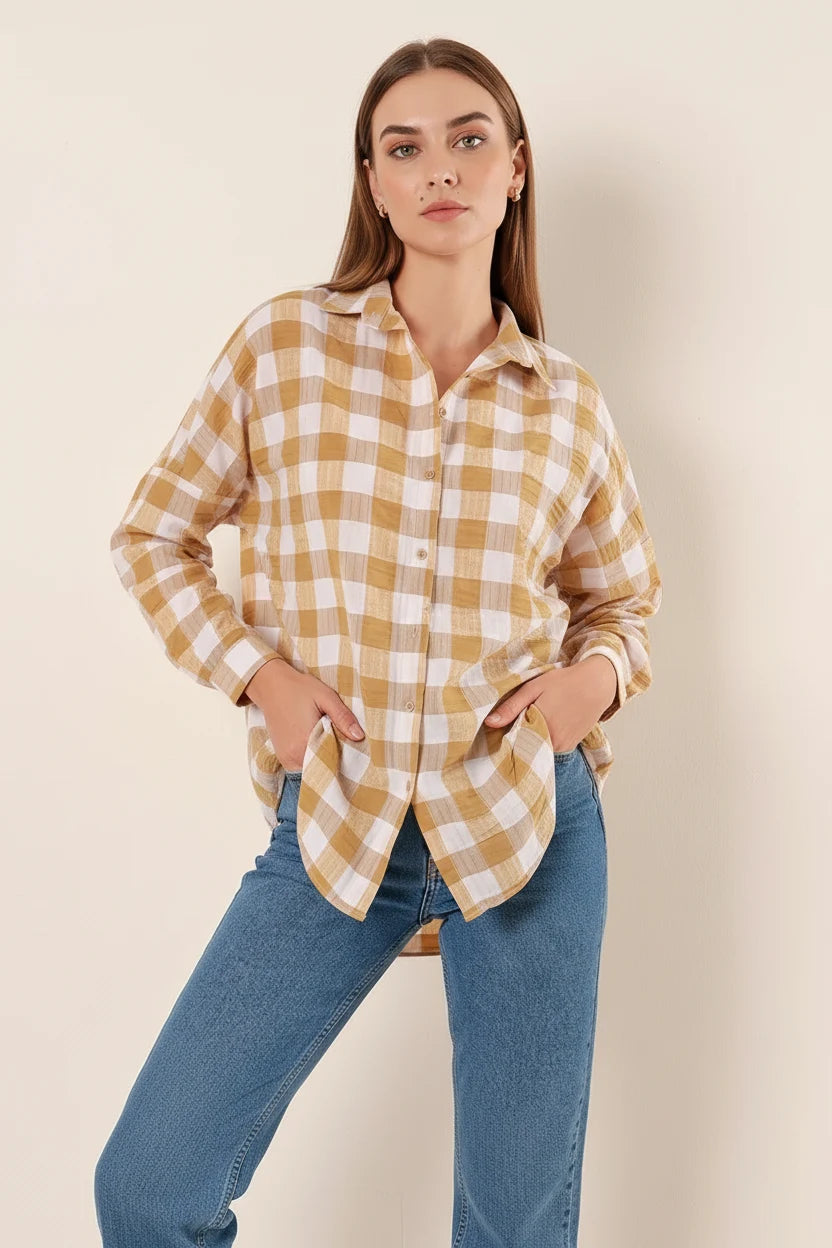 Kadın Kareli Desen Basic Oversize Pamuklu Vizon Gömlek