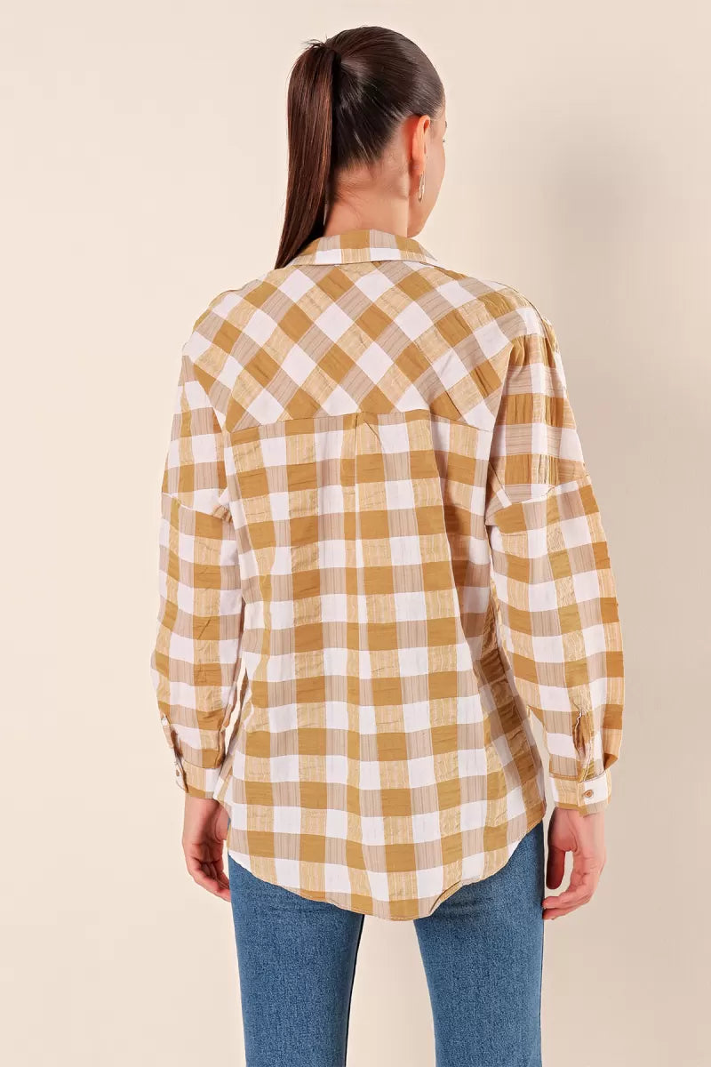 Kadın Kareli Desen Basic Oversize Pamuklu Vizon Gömlek
