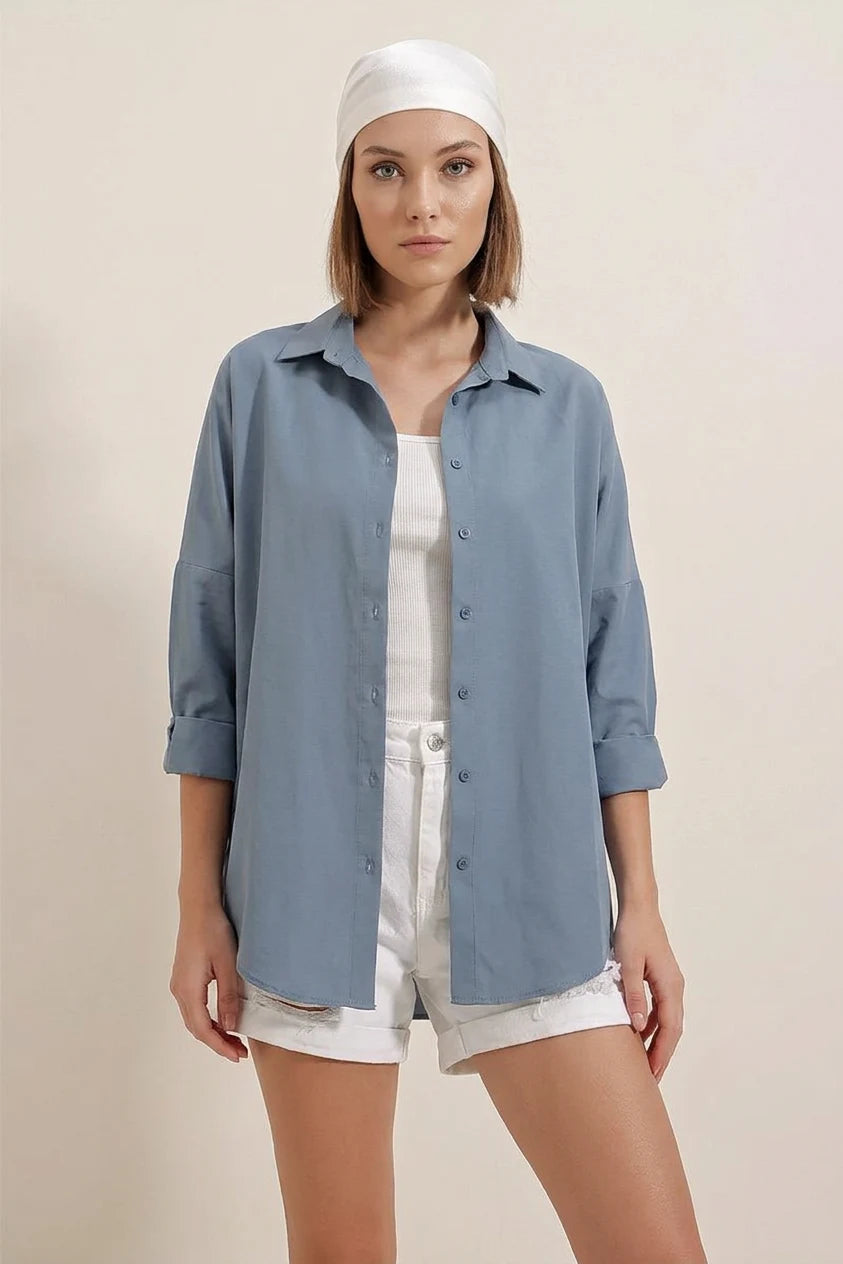 Kadın Oversize Basic Pamuklu İndigo Gömlek