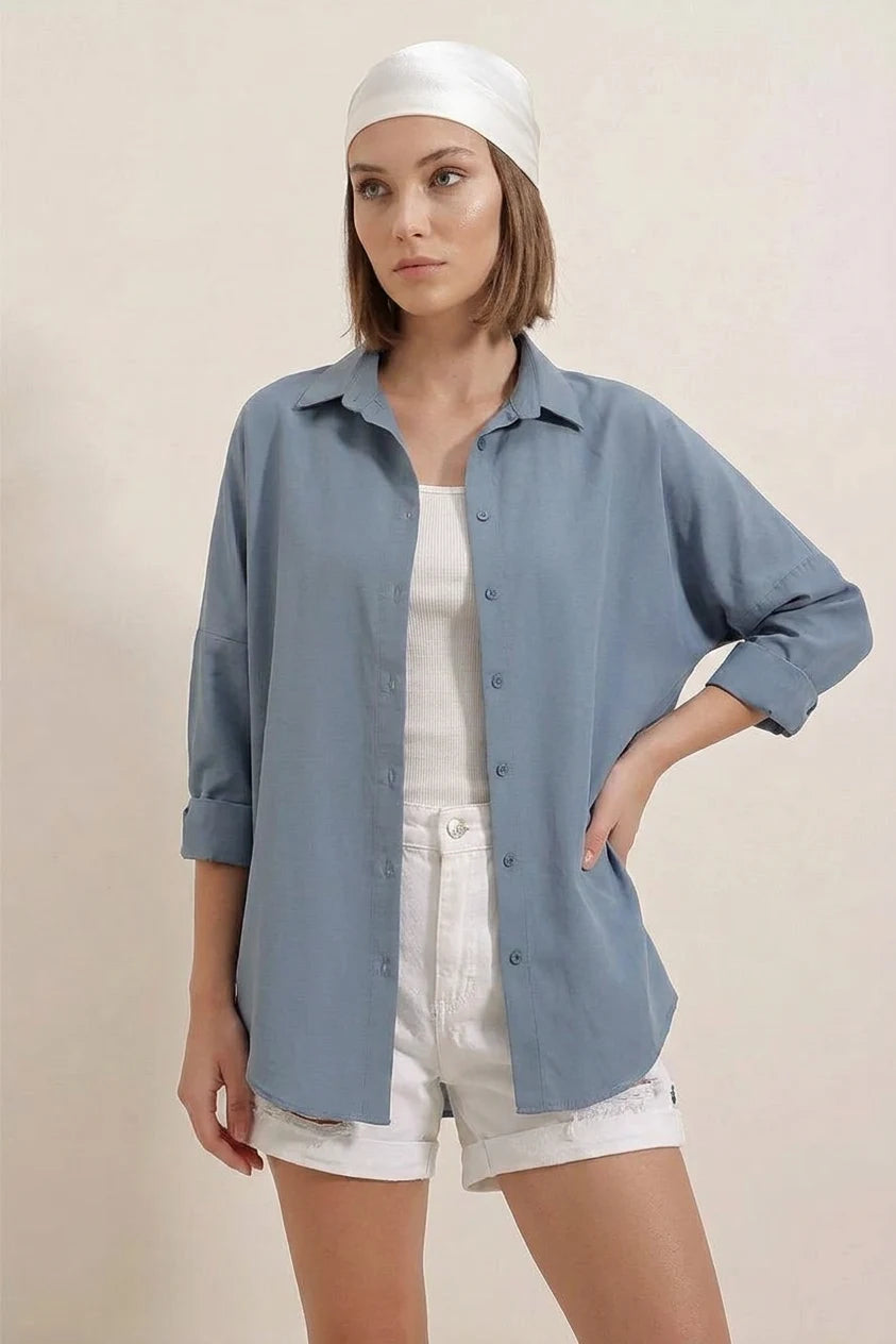 Kadın Oversize Basic Pamuklu İndigo Gömlek