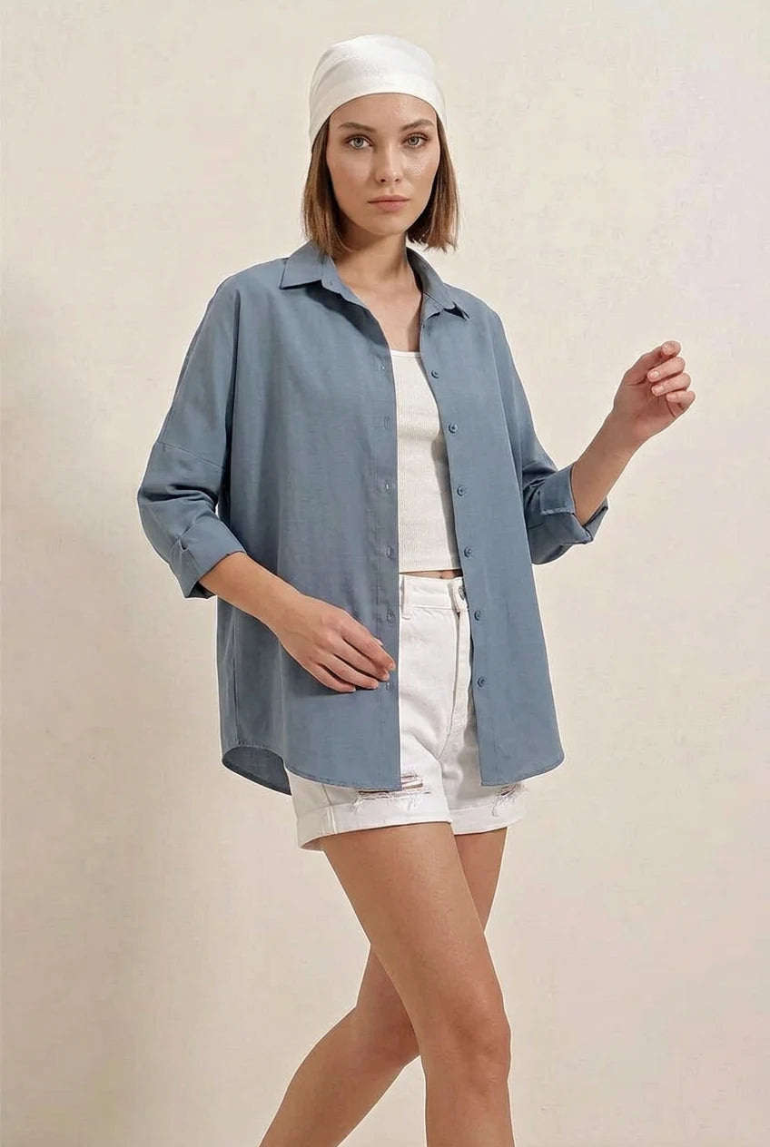 Kadın Oversize Basic Pamuklu İndigo Gömlek