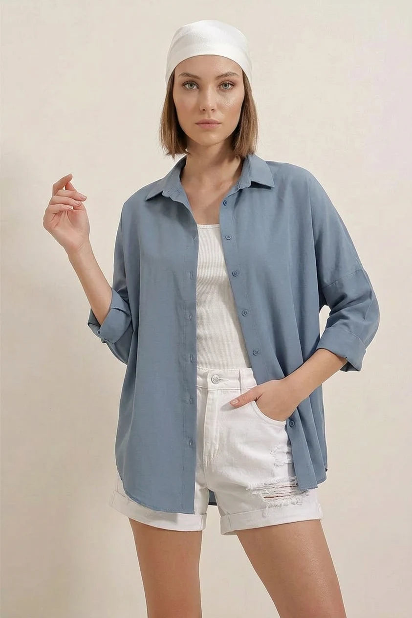 Kadın Oversize Basic Pamuklu İndigo Gömlek