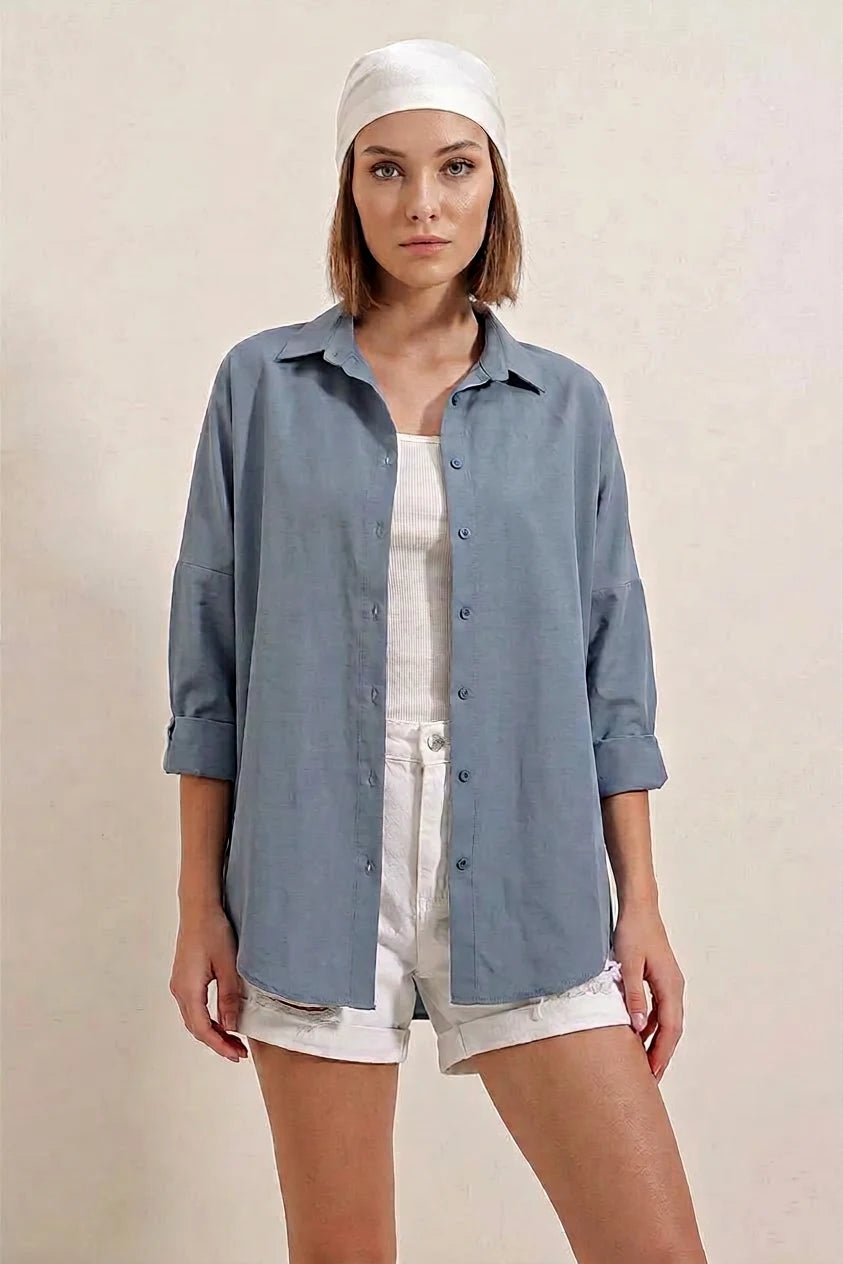 Kadın Oversize Basic Pamuklu İndigo Gömlek