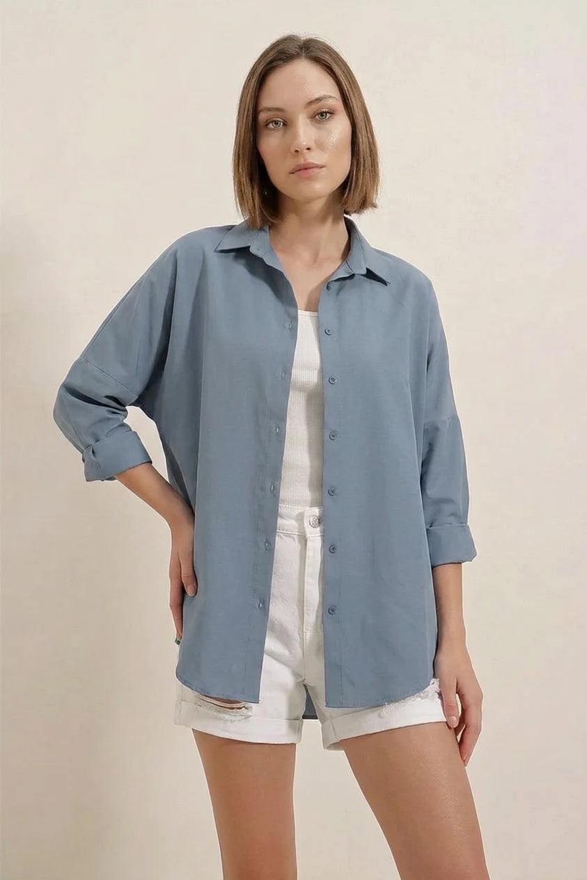 Kadın Oversize Basic Pamuklu İndigo Gömlek