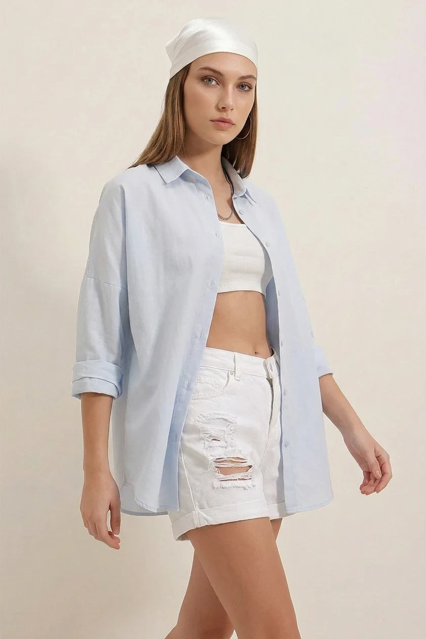Kadın Oversize Basic Pamuklu Açık Mavi Gömlek