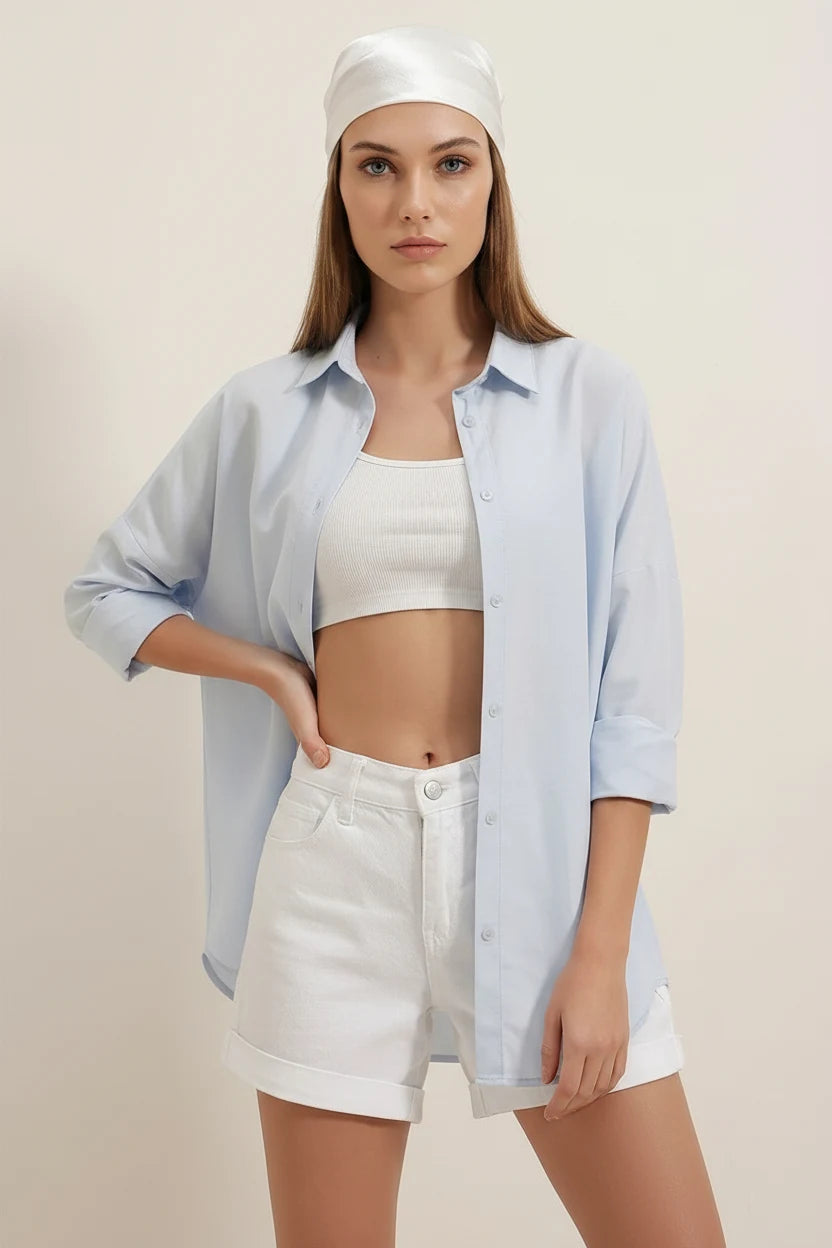 Kadın Oversize Basic Pamuklu Açık Mavi Gömlek